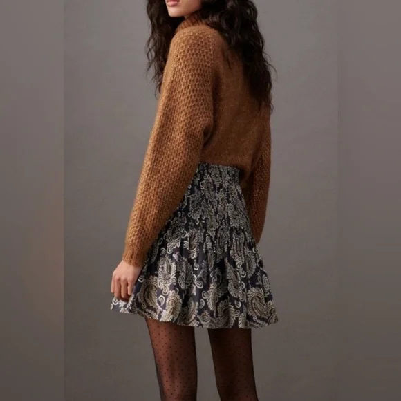 Anthro Eula Pintucked Skirt Paisley Black White Cream size Medium - Picture 2 of 7